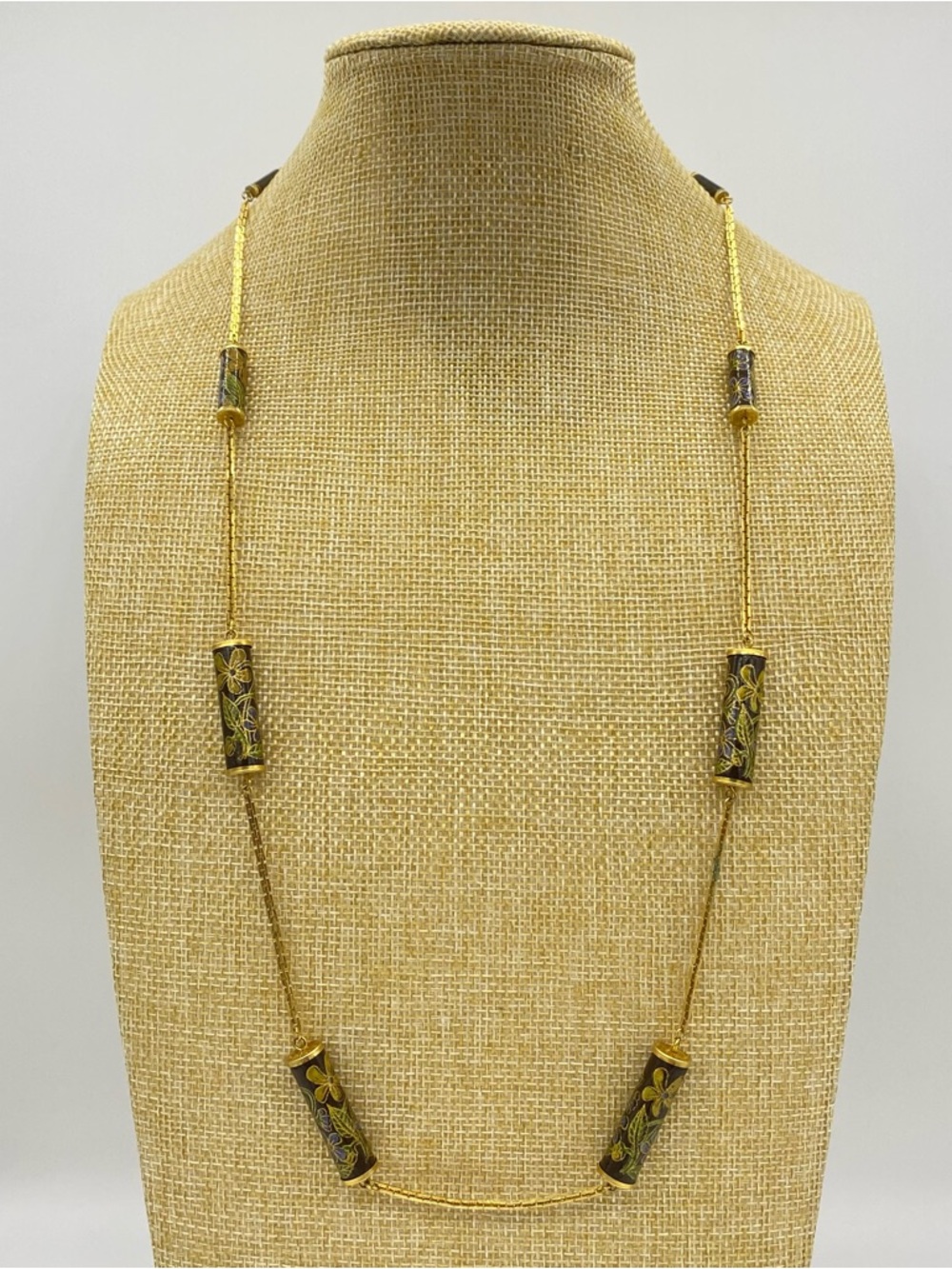 Gold Tone Necklace with Hand Painted Florals on Cylinder Beads.